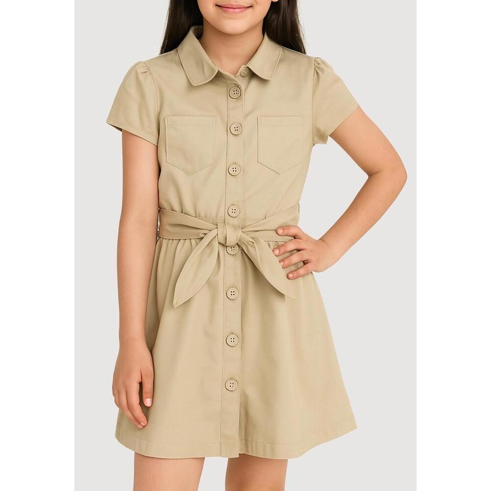 French Toast Girls Khaki Uniform Button Up Short Sleeve Dress w/ Belt Size 6 NEW